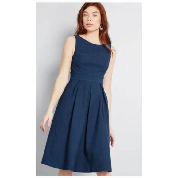 ModCloth Dress Womens Small Blue Always Polished Fit Flare Pleated Vintage Style - Picture 1 of 10